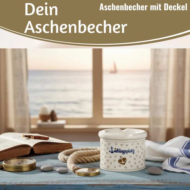Sturmaschenbecher Lieblingsplatz 10x7,5cm Maritim Weiß Braun Windaschenbecher Aschenbecher