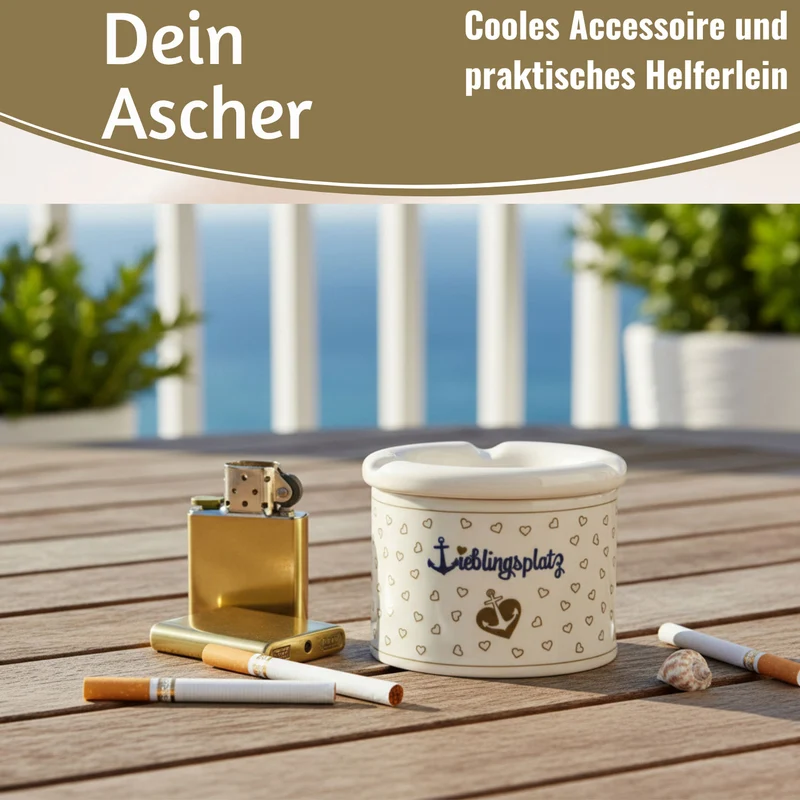 Sturmaschenbecher Lieblingsplatz 10x7,5cm Maritim Weiß Braun Windaschenbecher Aschenbecher