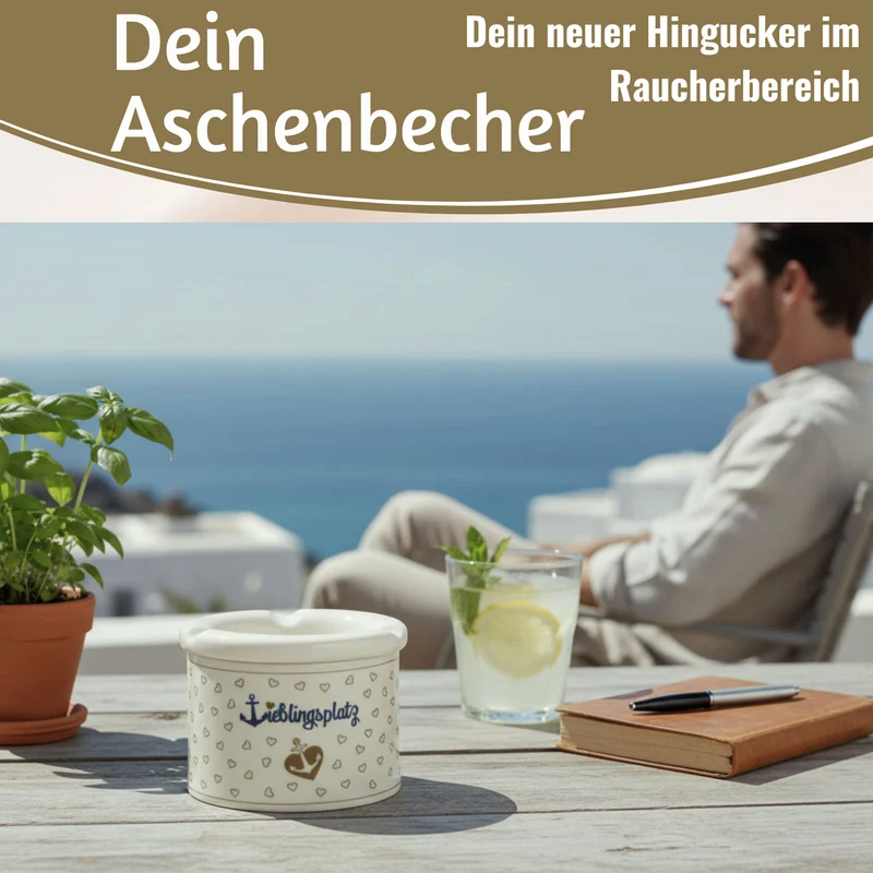 Sturmaschenbecher Lieblingsplatz 10x7,5cm Maritim Weiß Braun Windaschenbecher Aschenbecher