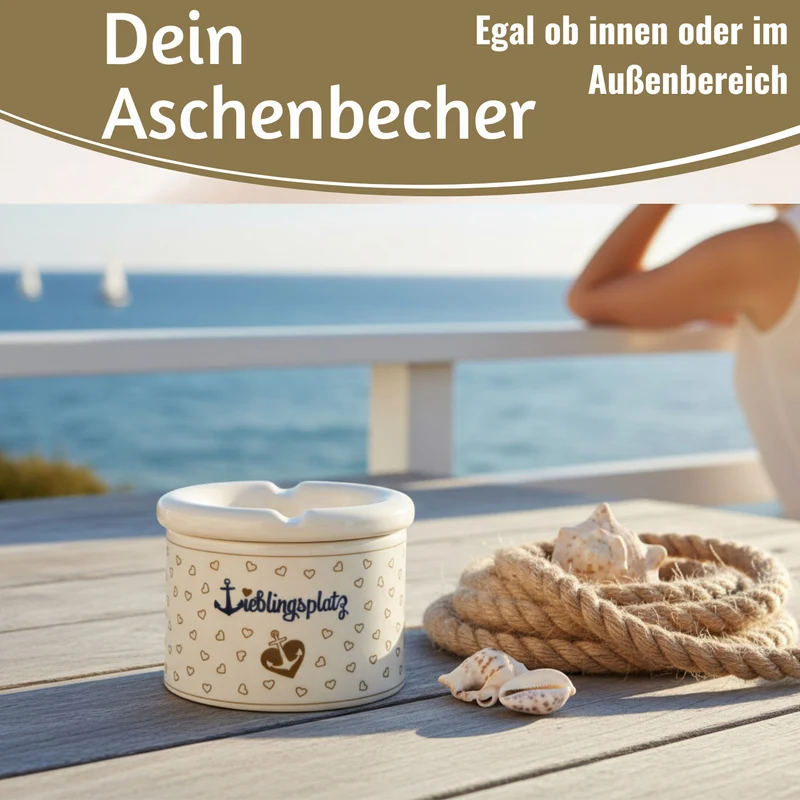 Sturmaschenbecher Lieblingsplatz 10x7,5cm Maritim Weiß Braun Windaschenbecher Aschenbecher