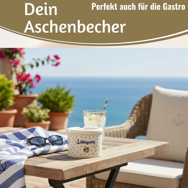 Sturmaschenbecher Lieblingsplatz 10x7,5cm Maritim Weiß Braun Windaschenbecher Aschenbecher