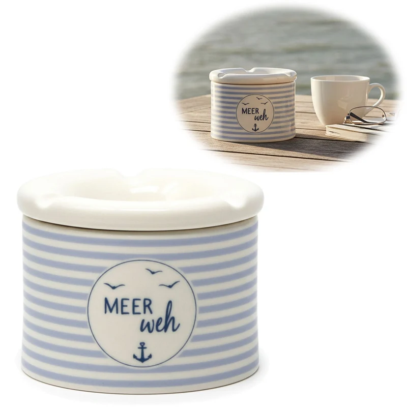 Sturmaschenbecher Meer-Weh 10x7,5cm Maritim Weiß Blau Windaschenbecher Aschenbecher