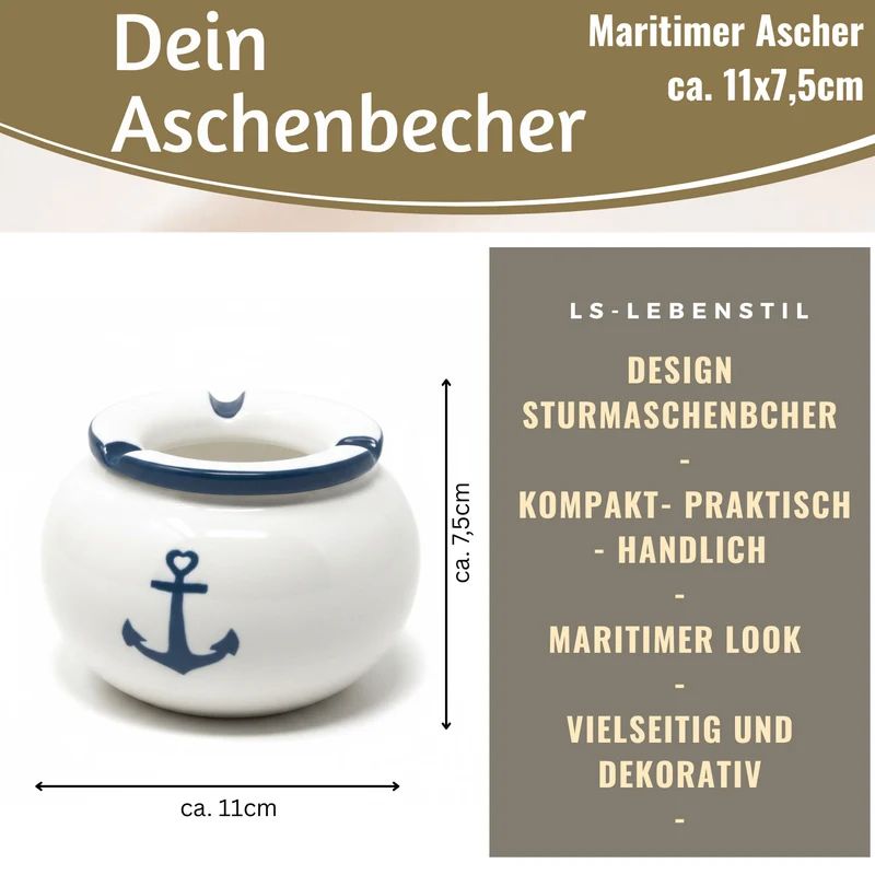 Sturmaschenbecher Anker 10x7,5cm Maritim Weiß Blau Windaschenbecher Aschenbecher