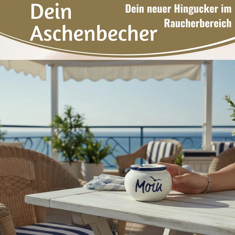 Sturmaschenbecher Moin 10x7,5cm Maritim Weiß Blau Windaschenbecher Aschenbecher