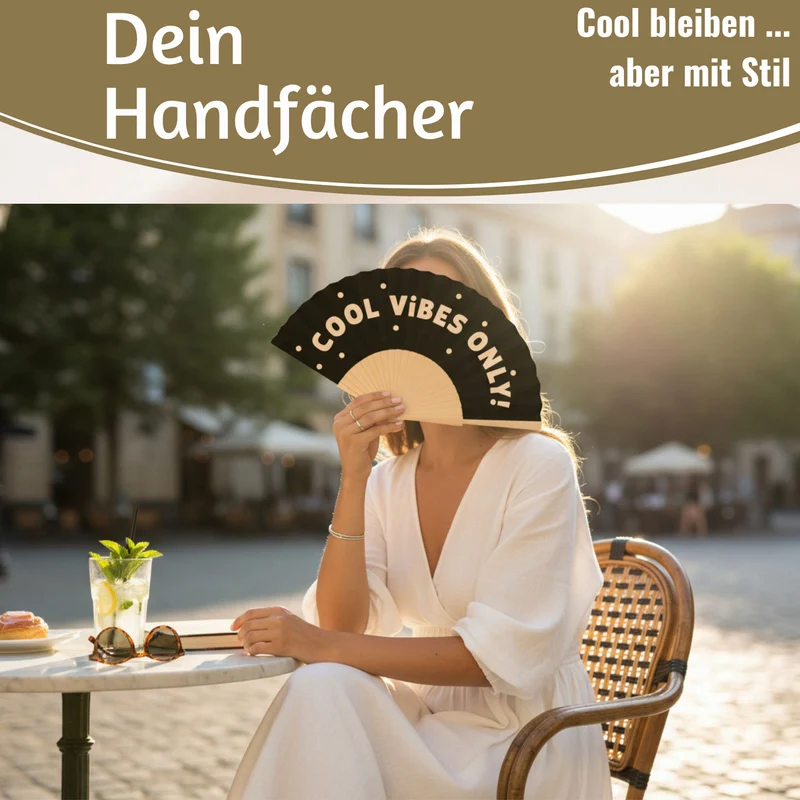 Handfächer Holz Stoff Fächer "Cool Vibes Only" Schwarz faltbar Faltfächer