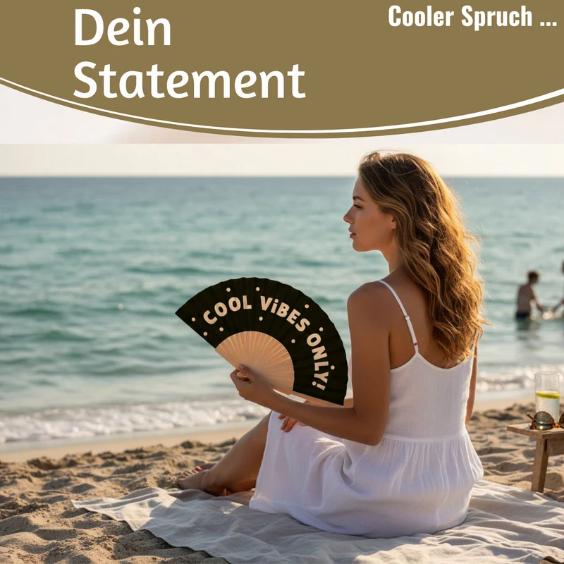 Handfächer Holz Stoff Fächer "Cool Vibes Only" Schwarz faltbar Faltfächer