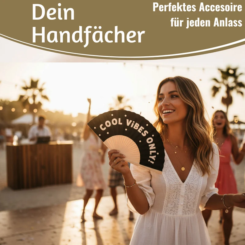 Handfächer Holz Stoff Fächer "Cool Vibes Only" Schwarz faltbar Faltfächer