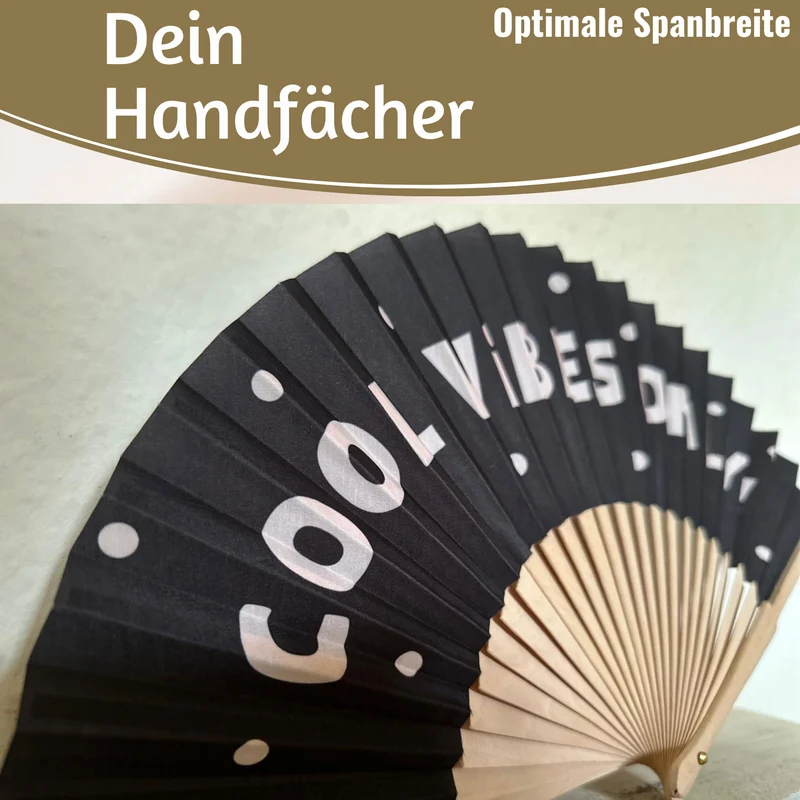 Handfächer Holz Stoff Fächer "Cool Vibes Only" Schwarz faltbar Faltfächer