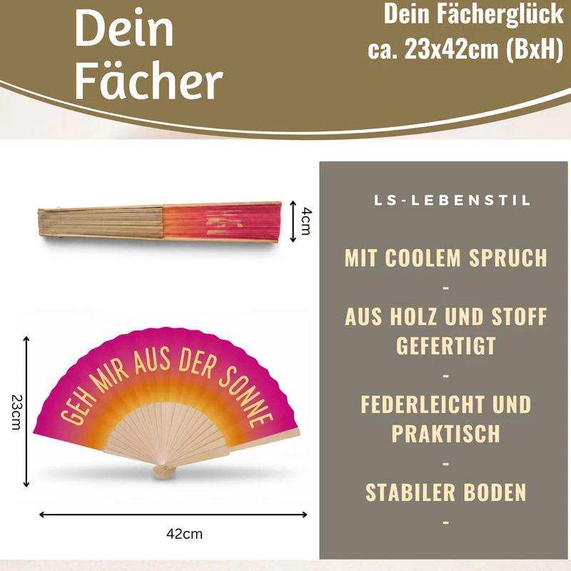 Handfächer Holz Stoff Fächer "Geh mir aus der Sonne" Pink faltbar Faltfächer