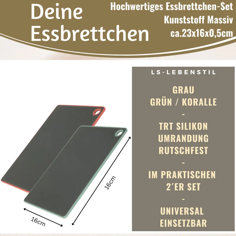 2x Kunststoff Essbrettchen 23x16cm 2´er Set Grau Rutschfest Frühstücksbrettchen