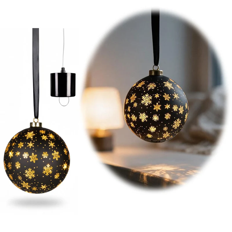 Deko Glas Lichtkugel 15LED 14cm Kugel Schwarz Gold Glaskugel Timer Batterie Anhängen