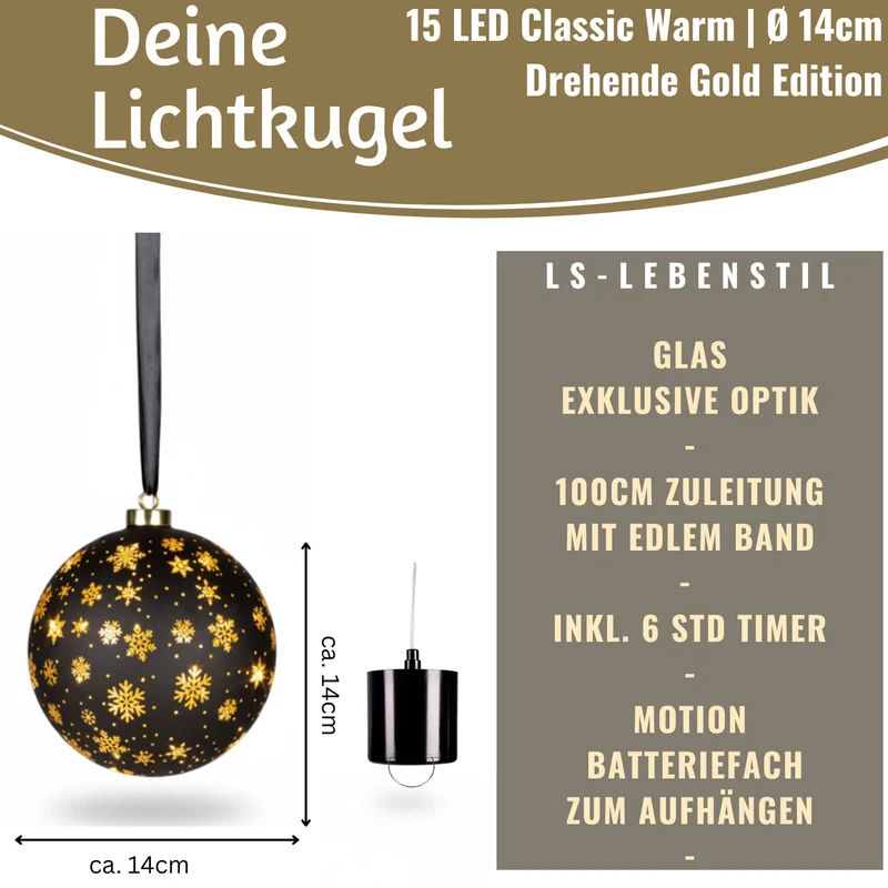Deko Glas Lichtkugel 15LED 14cm Kugel Schwarz Gold Glaskugel Timer Batterie Anhängen