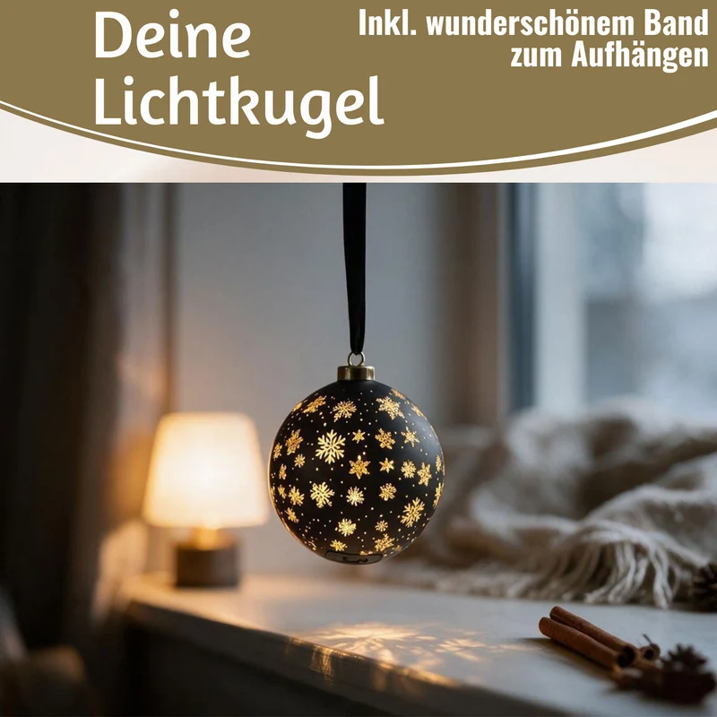 Deko Glas Lichtkugel 15LED 14cm Kugel Schwarz Gold Glaskugel Timer Batterie Anhängen
