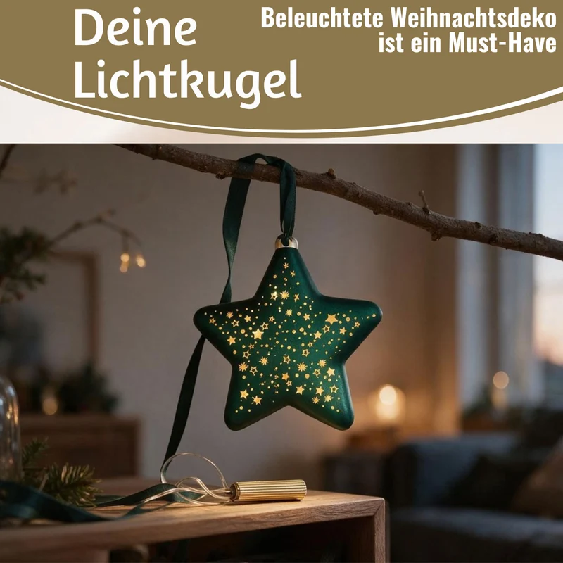 Deko Glas Lichtkugel 15LED 20cm Stern Petrol Gold Glaskugel Timer Batterie Anhängen