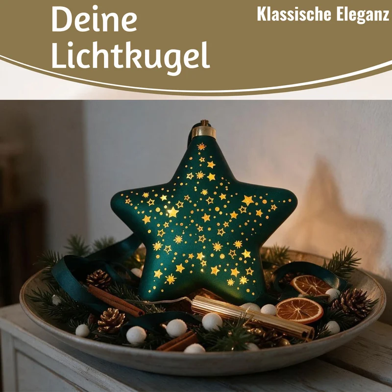 Deko Glas Lichtkugel 15LED 20cm Stern Petrol Gold Glaskugel Timer Batterie Anhängen