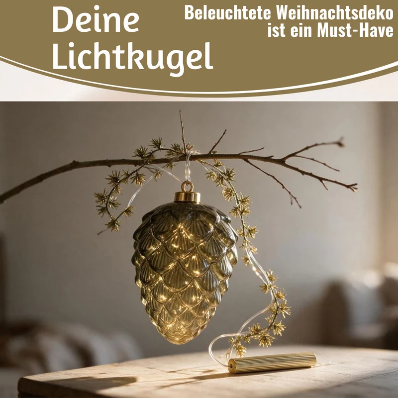 XL Deko Glas Lichtkugel Zapfen 15 LED 20cm Timer Batteriefach Gold zum Anhängen