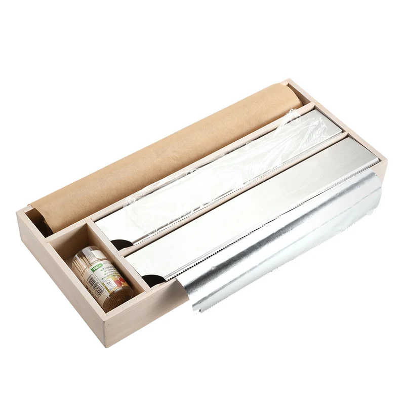4-fach Holz Folienspender Bambus Schubladen Alufolienspender Folienschneider