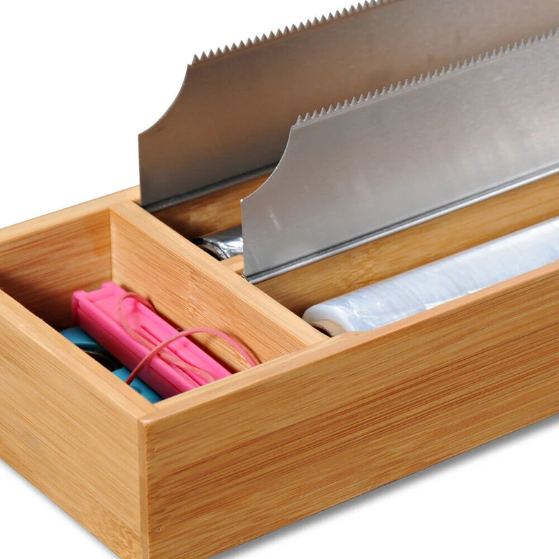 3-fach Holz Folienspender Bambus Schubladen Alufolienspender Folienschneider