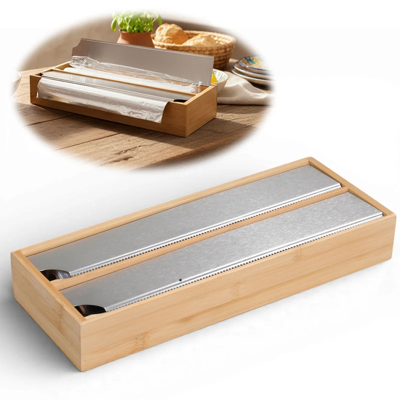 2-fach Holz Folienspender Bambus Schubladen Alufolienspender Folienschneider