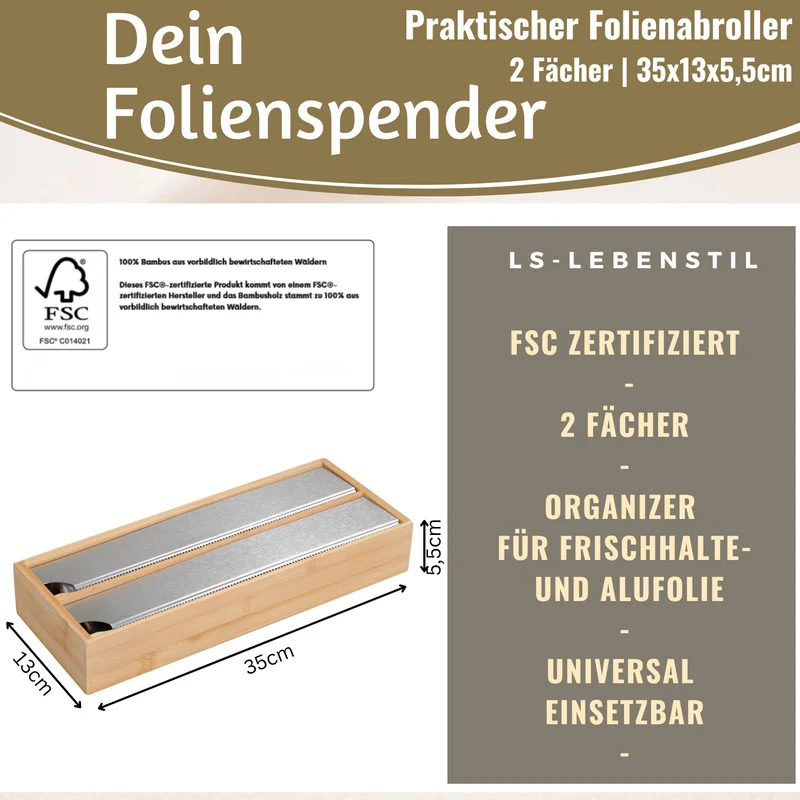 2-fach Holz Folienspender Bambus Schubladen Alufolienspender Folienschneider