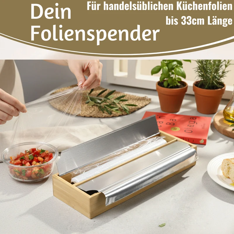 2-fach Holz Folienspender Bambus Schubladen Alufolienspender Folienschneider