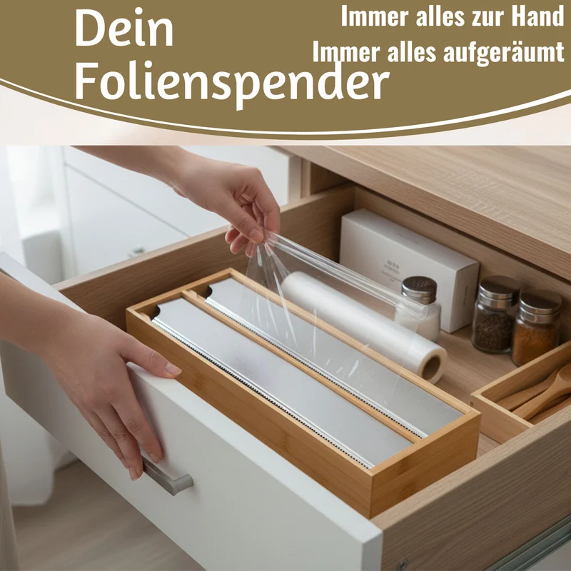 2-fach Holz Folienspender Bambus Schubladen Alufolienspender Folienschneider