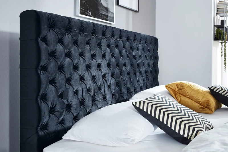 KAWOLA Bett SINDAR Boxspringbett Stoff dunkelblau Fuß silber ohne Topper 160x200cm