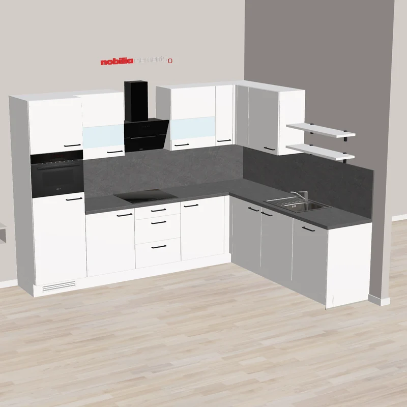 nobilia Eck-Küchenzeile Premium Gifhorn 305 x 247 cm weiss Supermatt Betongrau Schiefer Küche mit Mikrowellen-Kompakt-Backofen und Kopffreihaube