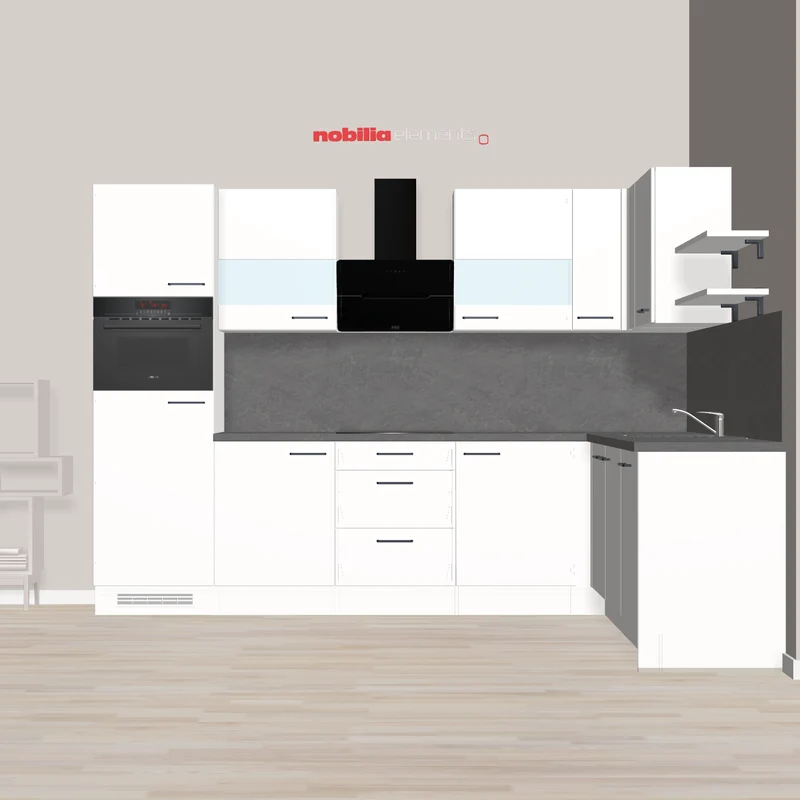 nobilia Eck-Küchenzeile Premium Gifhorn 305 x 247 cm weiss Supermatt Betongrau Schiefer Küche mit Mikrowellen-Kompakt-Backofen und Kopffreihaube