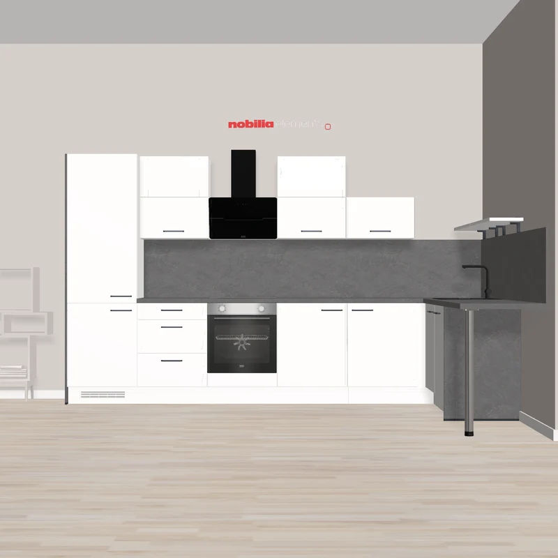 nobilia L-Küchedesign mit Frühstücksplatz Kamen 366 x 286 cm weiss dunkle Arbeitsplatte Mit Herd - Duntsabzug - Franke Spüle und Armatur