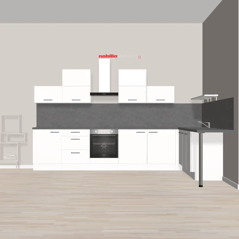 nobilia L-Form Küche mit großem Arbeitsbereichen Erkelenz 365 x345 cm weiß Supermatt Beton Schiefergrau Ausstattung teilweise mit E-Geräte