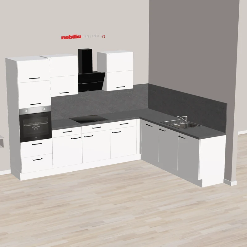 nobilia Eck-Küchenzeile mit hocheingebauten Backofen und Lifttür Mikrowelle Kaarst 305 x 245 cm Alpinweiß Betongrau Schiefer Dunstabzugshabe modernes Design, Bachofen hoch eingebaut, autakes Kochfeld