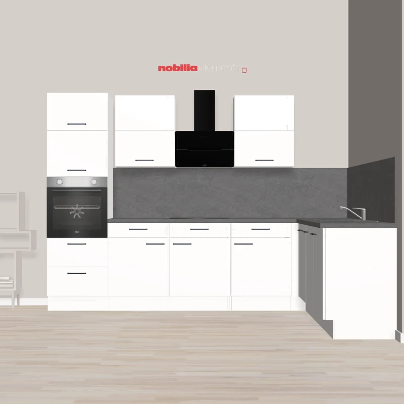 nobilia Eck-Küchenzeile mit hocheingebauten Backofen und Lifttür Mikrowelle Kaarst 305 x 245 cm Alpinweiß Betongrau Schiefer Dunstabzugshabe modernes Design, Bachofen hoch eingebaut, autakes Kochfeld