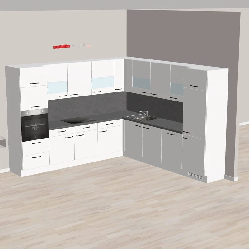 nobilia Viel Stauraum für L-Küche Pinneberg 305 x 305 cm weiss moderne Arbeitsplattenfarben mit viel Komfort und E-Geräte teilweise vorhanden
