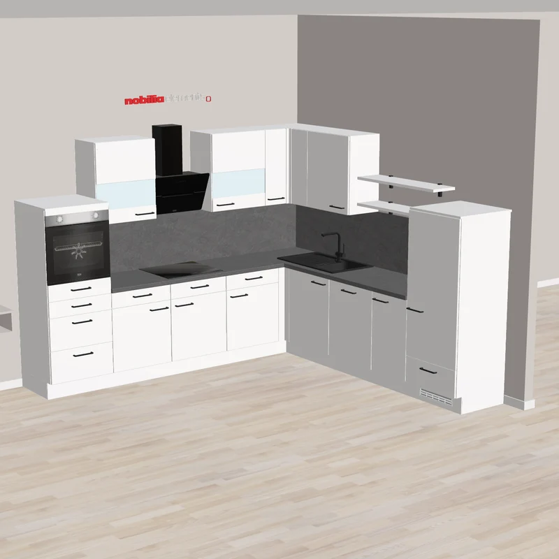 nobilia L-Küche modern mit Highboards Rottenburg 305 x 290 cm Alpinweiß Supermatt Beton Schiefer Backofen hoch eingebaut , Schräghaube für Kopffreiheit schwarzes Glas