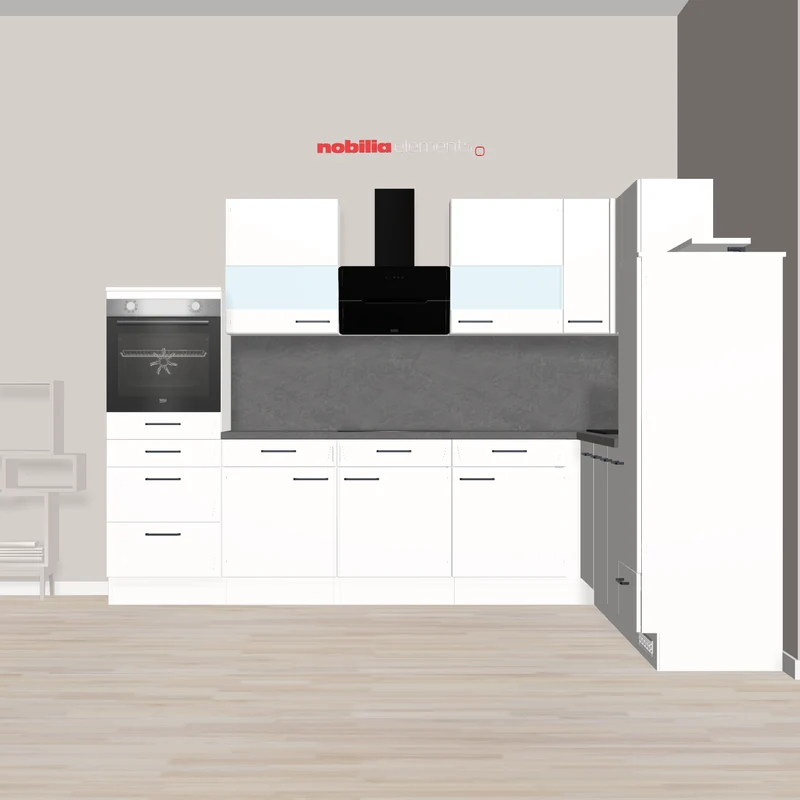 nobilia L-Küche modern mit Highboards Rottenburg 305 x 290 cm Alpinweiß Supermatt Beton Schiefer Backofen hoch eingebaut , Schräghaube für Kopffreiheit schwarzes Glas