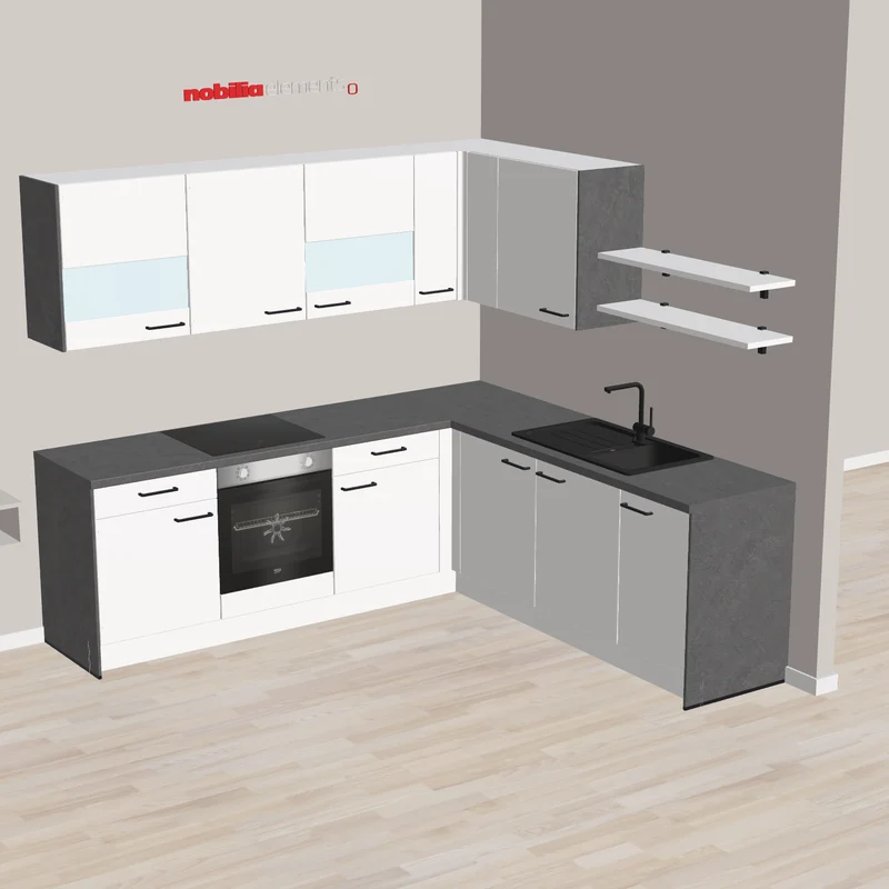 nobilia L-Form mit SCHOCK Christalite Spüle in modernen Design Erkrath 247 x 232 cm weiß matt Beton grau mit moderner Spüle und Armatur und Solo E-Geräte teilweise ausgestattet