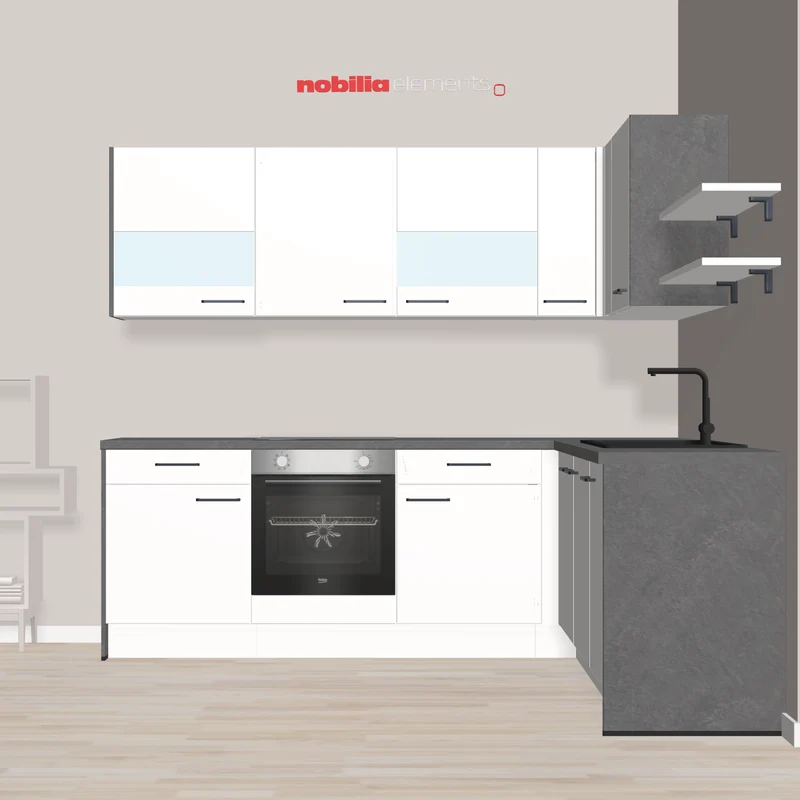 nobilia L-Form mit SCHOCK Christalite Spüle in modernen Design Erkrath 247 x 232 cm weiß matt Beton grau mit moderner Spüle und Armatur und Solo E-Geräte teilweise ausgestattet