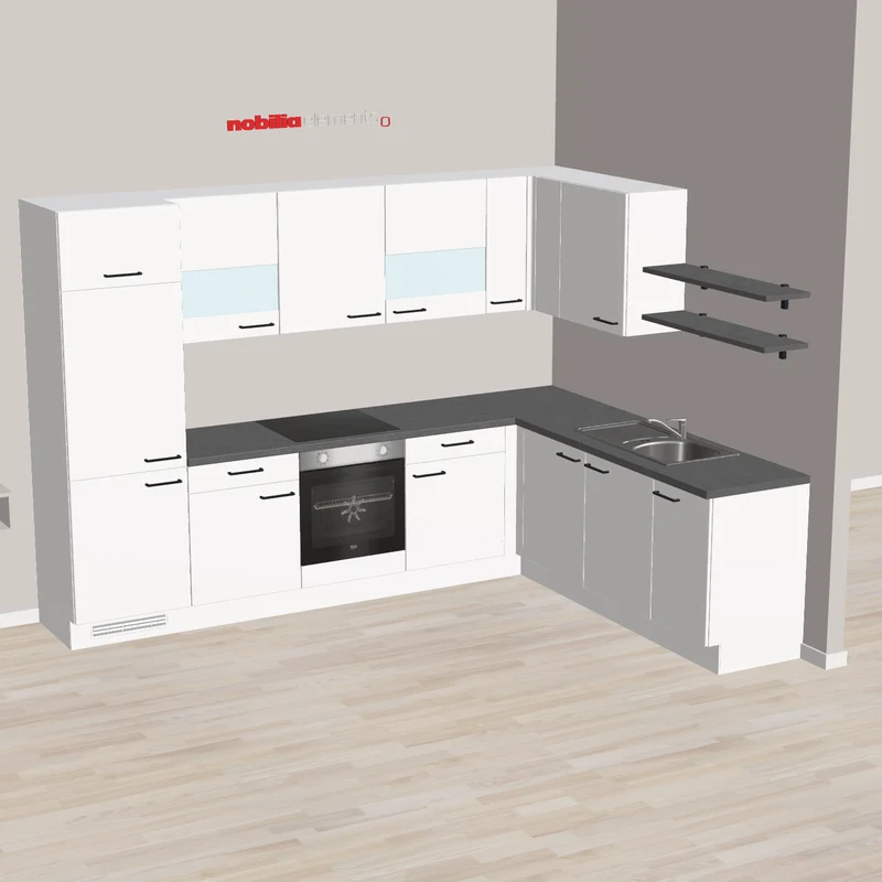 nobilia Große L-Küche mit kleinem Preis Falkensee 305 x 230 cm Alpinweiß Grauschiefer E-Geräte inklusiv, Glaswandschränke, Schrank für Flachschirmhaube