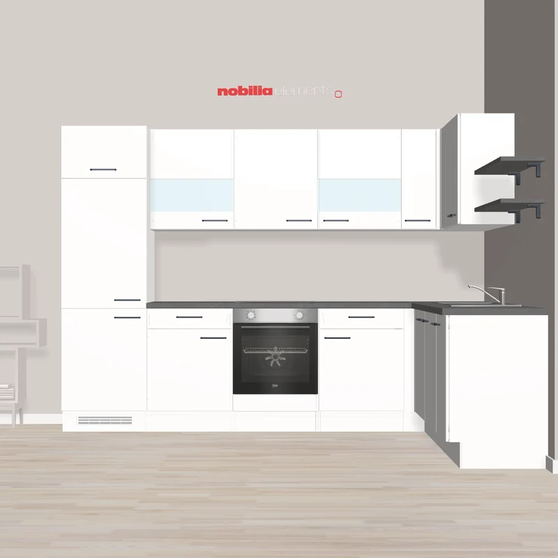 nobilia Große L-Küche mit kleinem Preis Falkensee 305 x 230 cm Alpinweiß Grauschiefer E-Geräte inklusiv, Glaswandschränke, Schrank für Flachschirmhaube