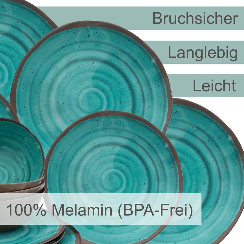 Melamin Geschirr Set für 2 Personen Steingut Optik aqua-grün 6 Teile - mit Tellern und Schüsseln - Campinggeschirr