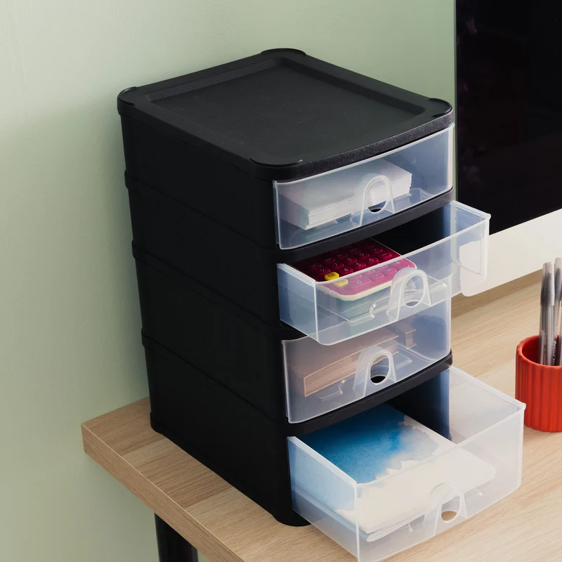 Schubladenbox mit 4 Schubladen 20x25x33cm DINA5 schwarz-transparent Drawer - Schubladenbox Kunststoff Drawer Tower Box Organizer für Schreibtisch Easy-Pull-System