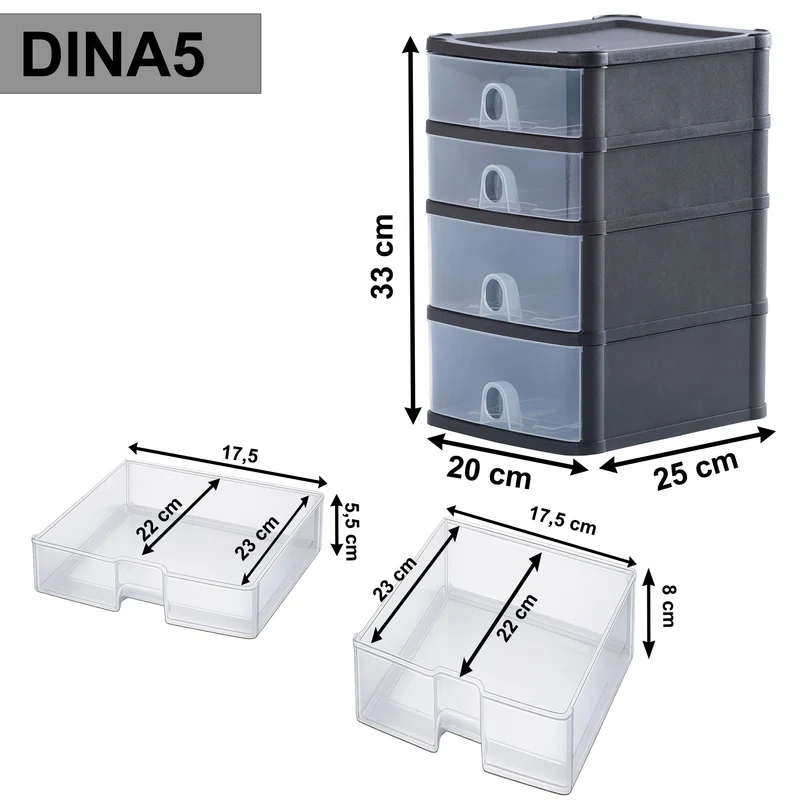 Schubladenbox mit 4 Schubladen 20x25x33cm DINA5 schwarz-transparent Drawer - Schubladenbox Kunststoff Drawer Tower Box Organizer für Schreibtisch Easy-Pull-System