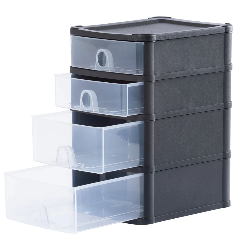 Schubladenbox mit 4 Schubladen 20x25x33cm DINA5 schwarz-transparent Drawer - Schubladenbox Kunststoff Drawer Tower Box Organizer für Schreibtisch Easy-Pull-System