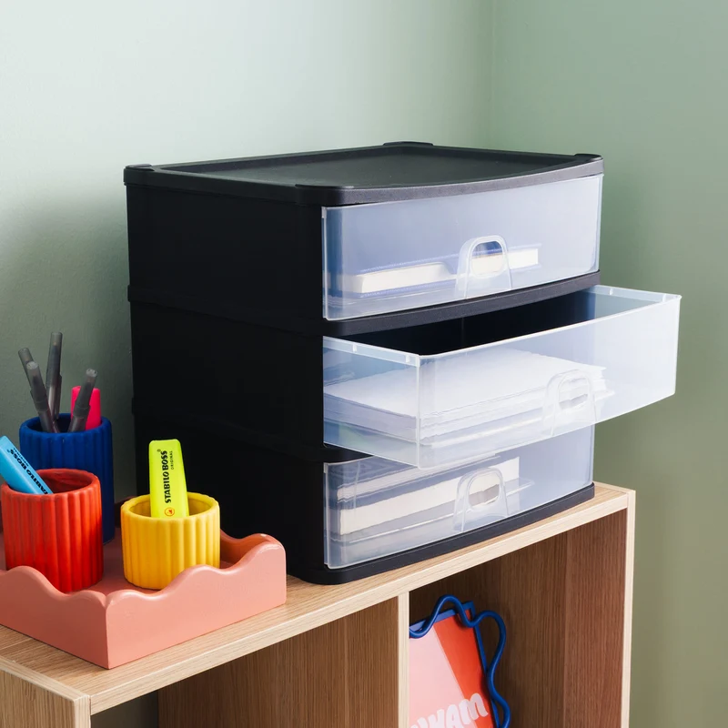 Schubladenbox 33x25 DINA4 schwarz-transparent Drawer - Schubladenbox Kunststoff Drawer Tower Box Organizer für Schreibtisch Easy-Pull-System