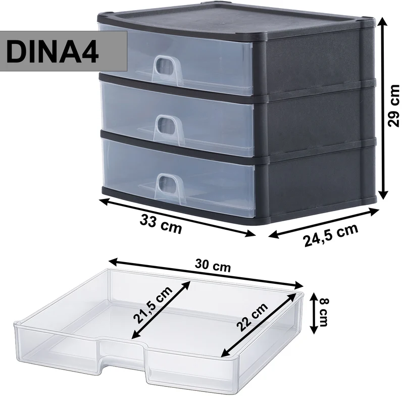 Schubladenbox 33x25 DINA4 schwarz-transparent Drawer - Schubladenbox Kunststoff Drawer Tower Box Organizer für Schreibtisch Easy-Pull-System