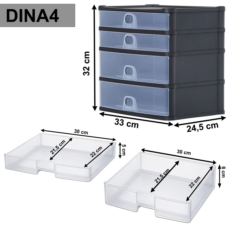 Schubladenbox 33x25 DINA4 schwarz-transparent Drawer - Schubladenbox Kunststoff Drawer Tower Box Organizer für Schreibtisch Easy-Pull-System