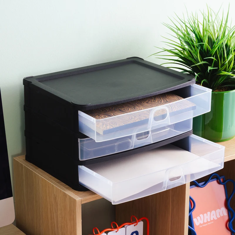 Schubladenbox 33x25 DINA4 schwarz-transparent Drawer - Schubladenbox Kunststoff Drawer Tower Box Organizer für Schreibtisch Easy-Pull-System