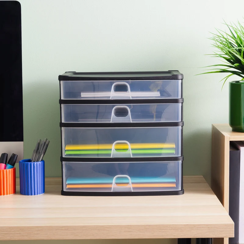 Schubladenbox 33x25 DINA4 schwarz-transparent Drawer - Schubladenbox Kunststoff Drawer Tower Box Organizer für Schreibtisch Easy-Pull-System