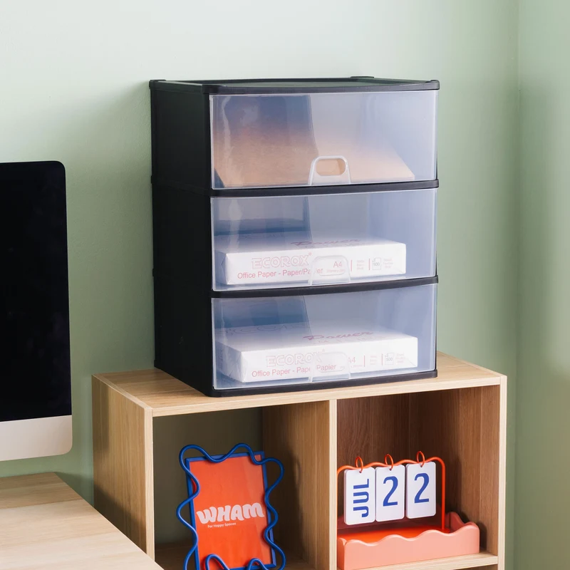 Schubladenbox 39x29 cm schwarz-transparent Drawer Tower - Schubladenbox Kunststoff Drawer Tower Box Organizer für Schreibtisch Easy-Pull-System